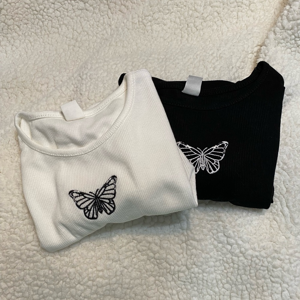 Black and White Butterfly Embroidered Tops Set of 2 Girls size 11-12 y